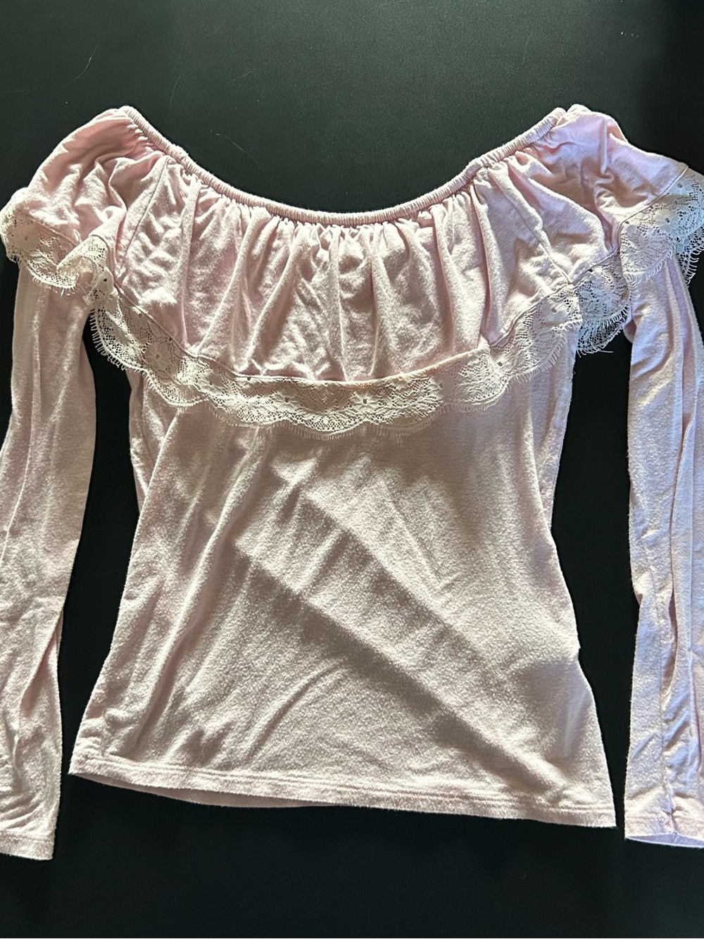 Hollister Light Pink Off-Shoulder Lace-Trim Long Sleeve Top